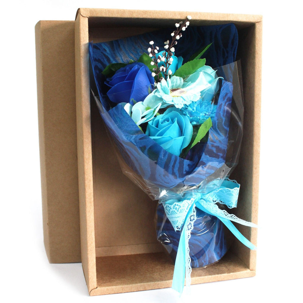 Boxed Hand Soap Flower Bouquet - Blue — arrangement of soap roses and carnations