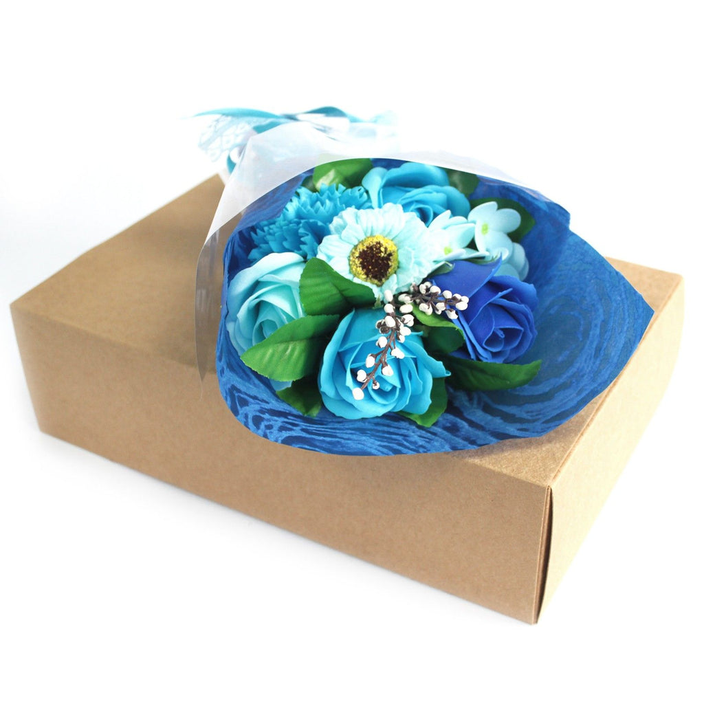 Boxed Hand Soap Flower Bouquet - Blue — arrangement of soap roses and carnations