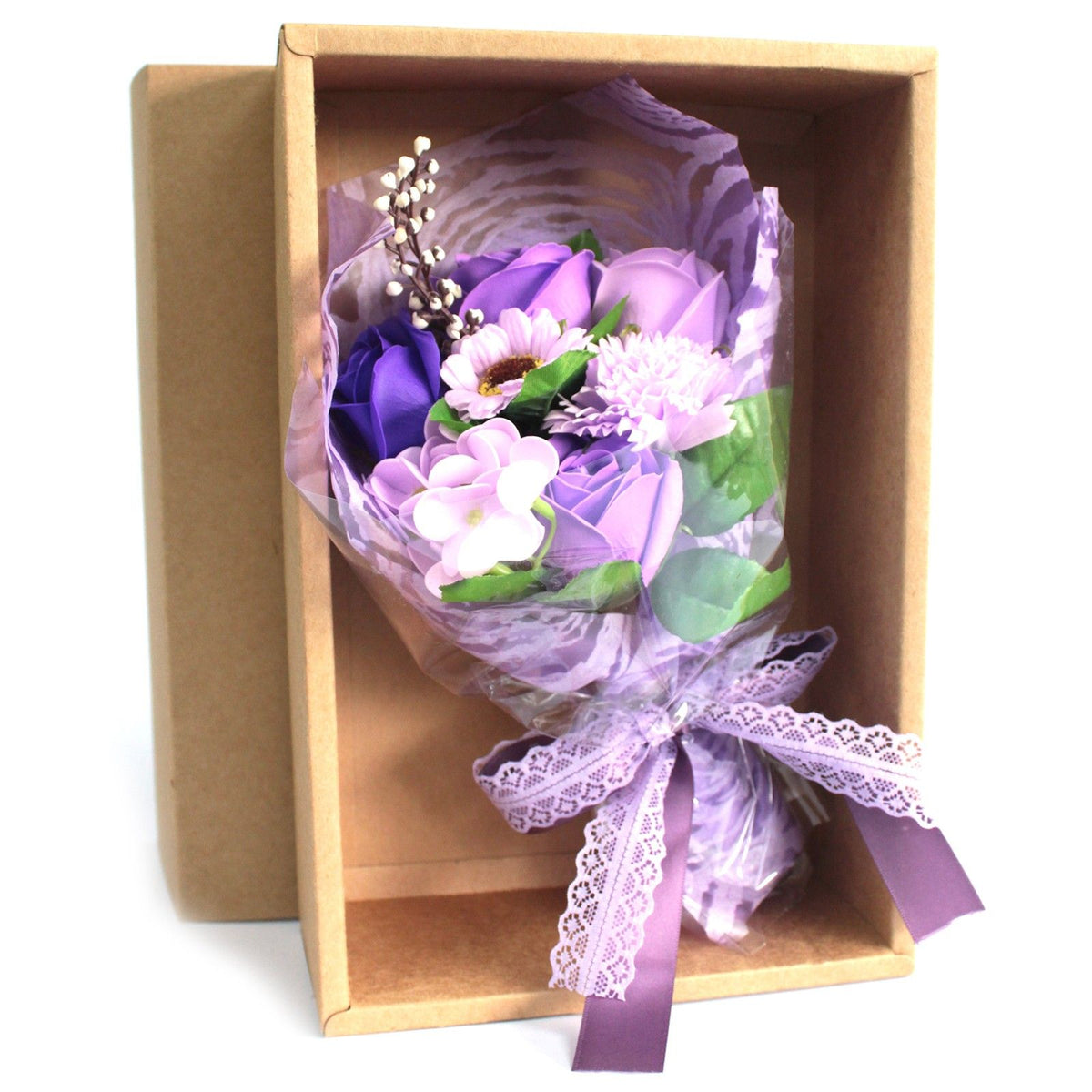 Boxed Hand Soap Flower Bouquet - Purple — arrangement of soap roses and carnations