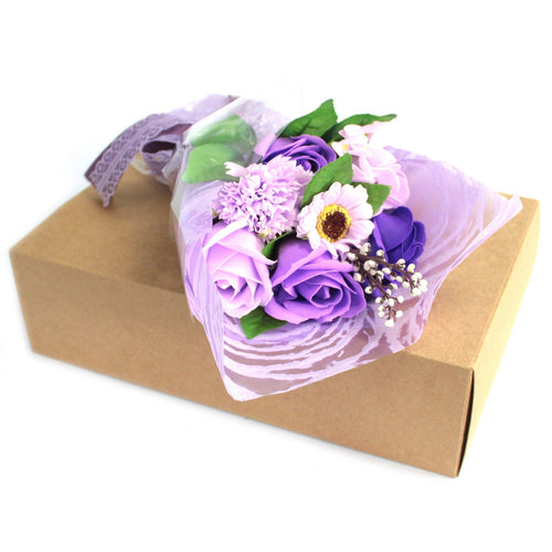 Boxed Hand Soap Flower Bouquet - Purple — arrangement of soap roses and carnations