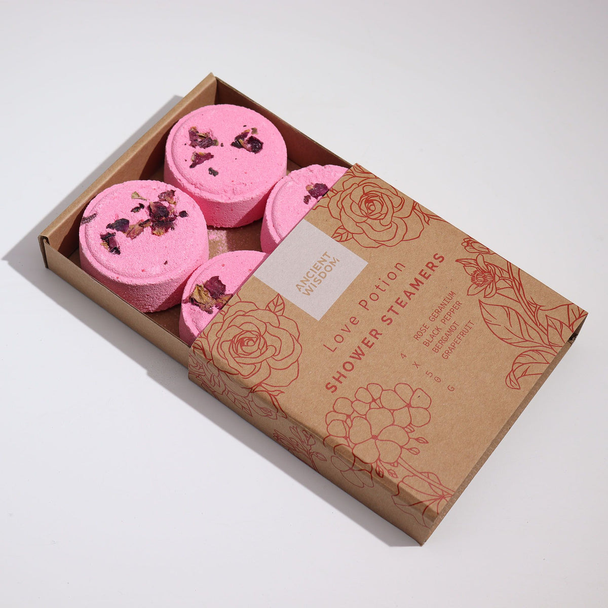 Shower Steamer Gift Set — Love Potion — four 50g shower steamers in gift packaging