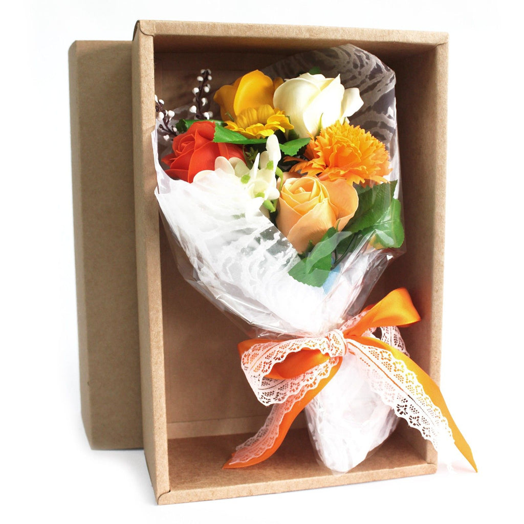 Boxed Hand Soap Flower Bouquet - Orange — arrangement of soap roses and carnations