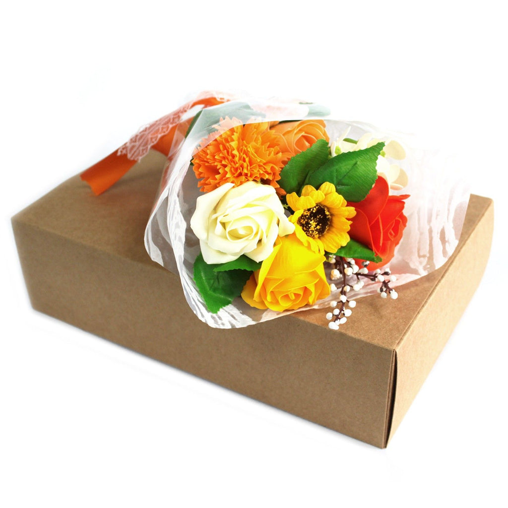Boxed Hand Soap Flower Bouquet - Orange — arrangement of soap roses and carnations