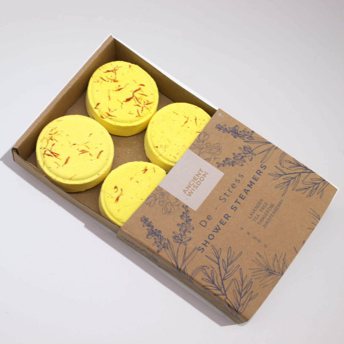 Shower Steamer Gift Set — De-Stress — four 50g shower steamers in gift packaging
