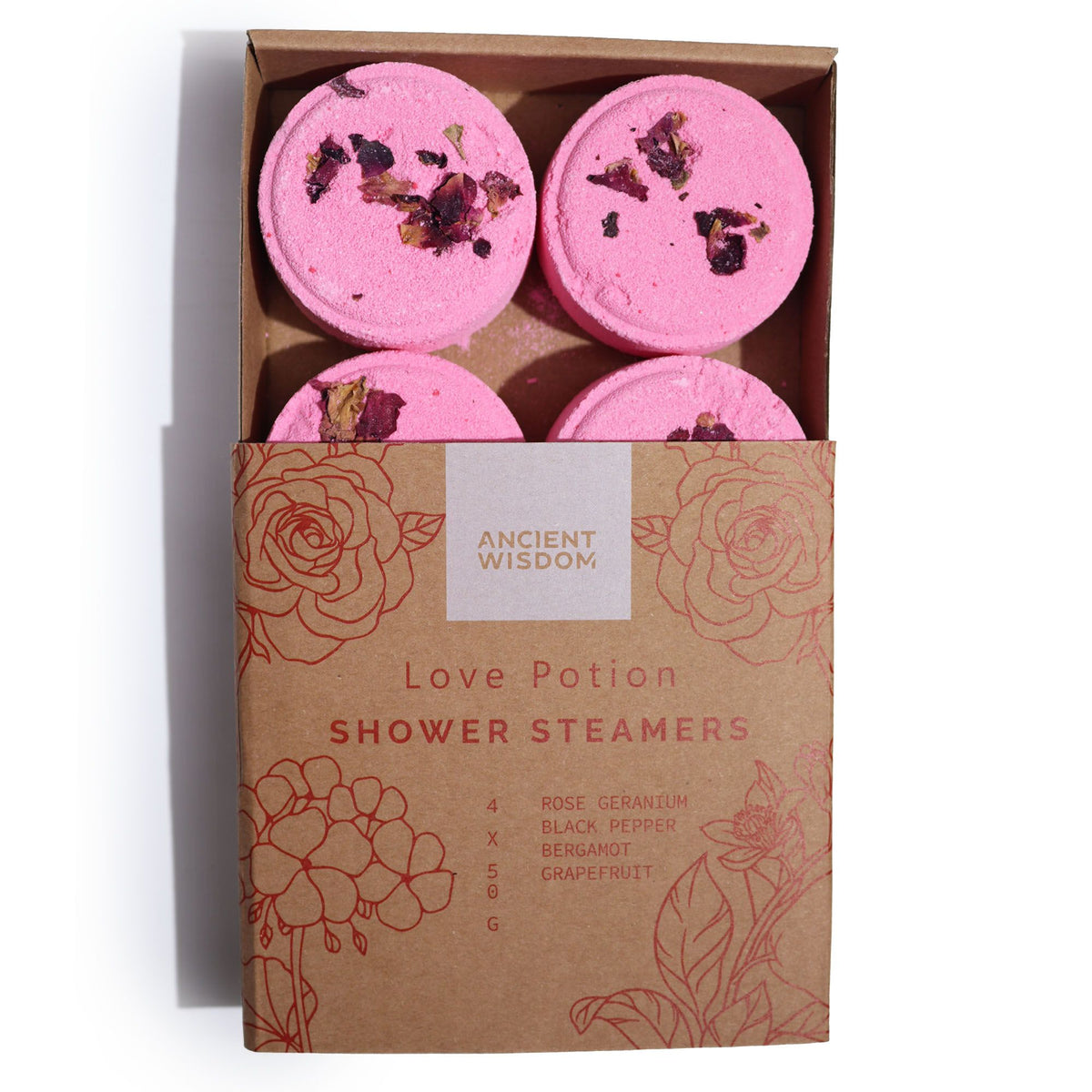 Shower Steamer Gift Set — Love Potion — four 50g shower steamers in gift packaging